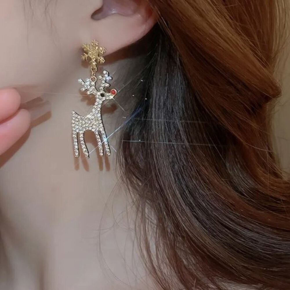 NEW Retro MCM Rudolph Red Nose Reindeer Crystal Christmas Drop Earrings Holiday